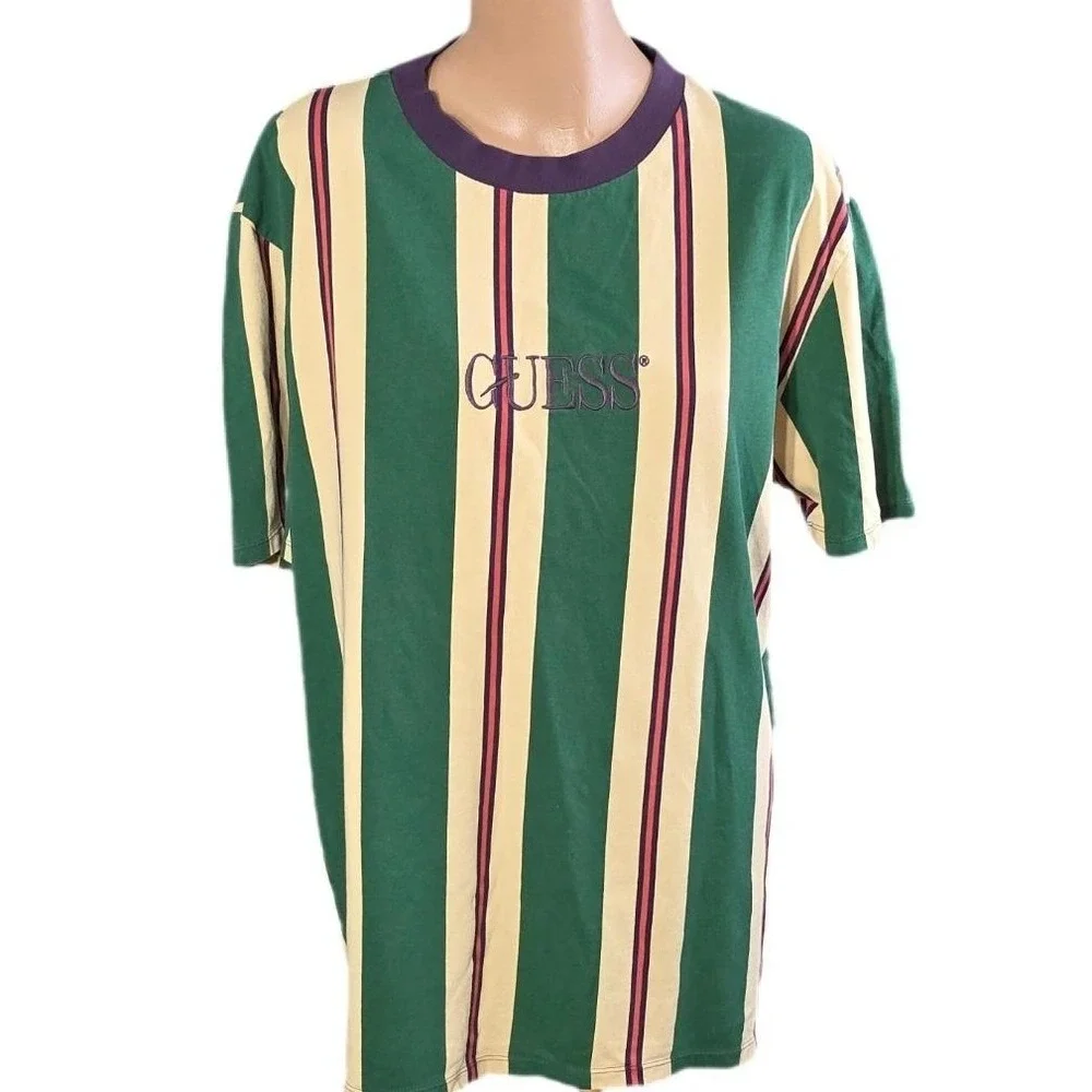 Guess‎ Originals Striped T Shirt Men's Medium Green Cream Purple Logo Casual 90s - Picture 2 of 10